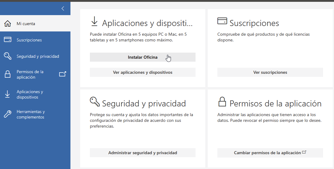 Opciones de instalación Office